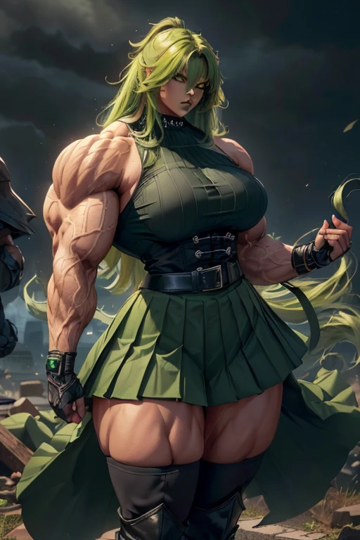 (((Massive tall, beautiful, buff, light brown skinned muscular woman with green hair, black lipstick, ginormous bulky muscles, winds blowing and wearing a green pleated shirt with beautiful long pleated skirt))), ((close view)), massive muscles, long curvy hair, orange eyes, choker, ((green pleated shirt and tie)), neck tie, ((beautiful long pleated skirt)), belt, thigh high socks, black boots, (Dark and moody universe:1.3), (in front of a disaster), closed smile, night, massive arms