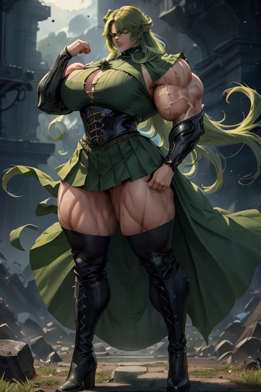 ((((Massive, tall, beautiful, buff, muscular brown skinned woman mage with green hair, black lipstick, ginormous bulky muscles, holding a dragon mage staff and wearing a beautiful hooded black enchanted robe with gothic armor and long beautiful skirt)))), (close view), massive muscles, massive biceps, hyper muscle shoulders, hyper muscle triceps, (long curvy hair), orange eyes, (wearing an extremely intricate robes, magical robes), mage boots, beautiful skirt, smirk, black gauntlets, (in a dark dragon Mystical forest), evening, Vascular arms, hyper vascular arm, hyper muscles arms, hyper muscle legs, massive arms.