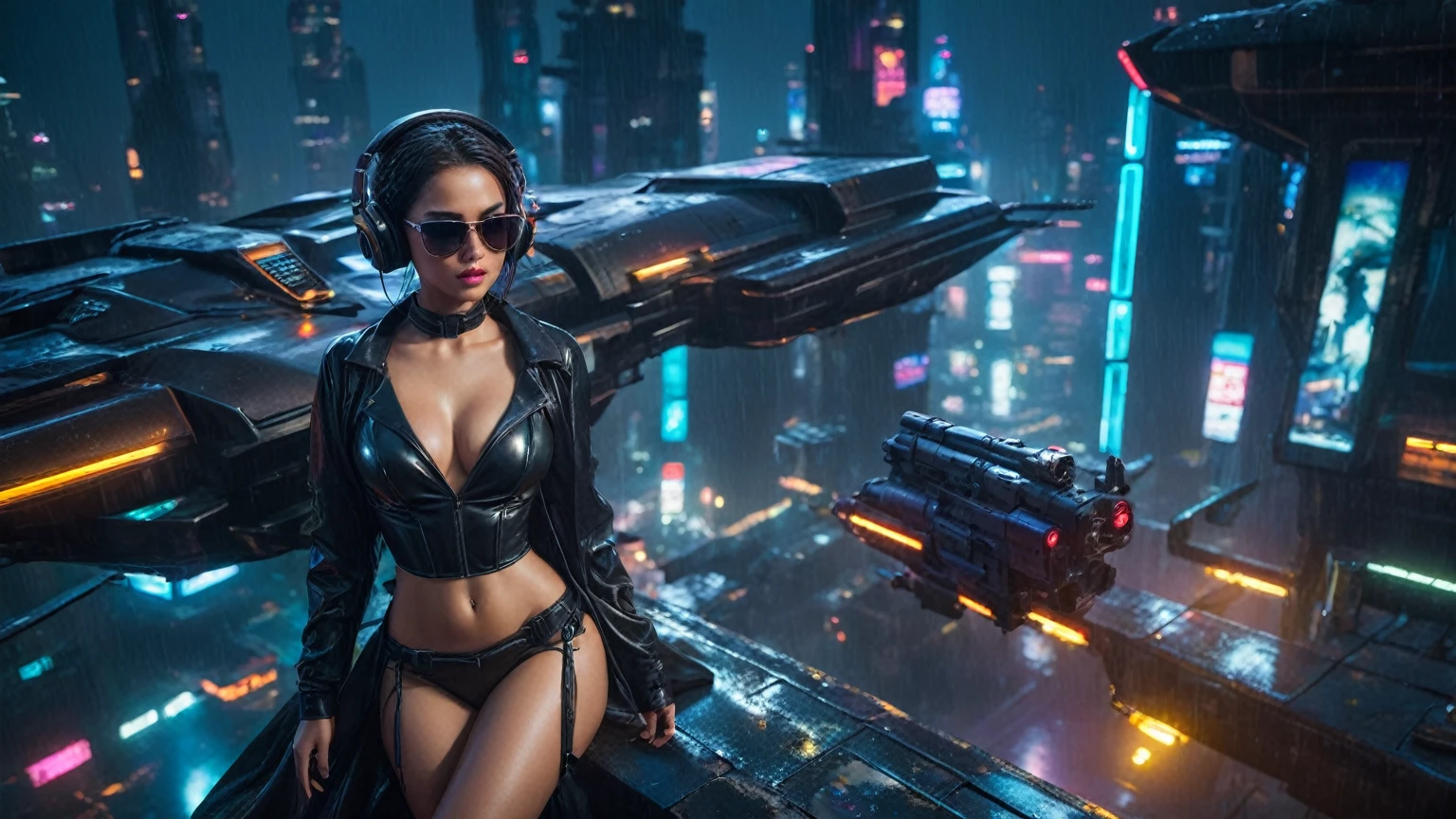 (aerial view, a flying cars docking platform, a very dark abandoned futuristic city, neon lights), rainy night. 1girl, solo, alone, large-breast:1.2 slim body, cleavage:1.1, sexy wind blowing wet dress:1.4, (headphone, black sunglasses), (((((she raised:1.8 a pistol:1.8 and took aim))))), dynamic pose, (((half-body thigh level medium shot))), cinematic lighting, lens flare, ray tracing.