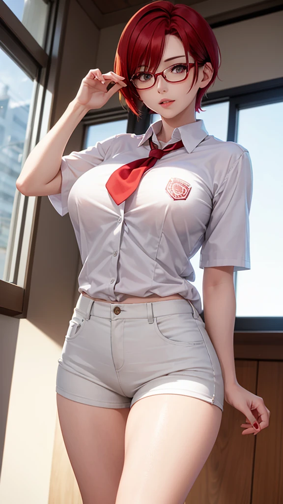 1 girl,Realistic anime girl, young girl, short hairs, wearing (((school uniform, unbuttoned shirt))),((( white hair with red highlights))), ((small chest)), full body, standing,smiling