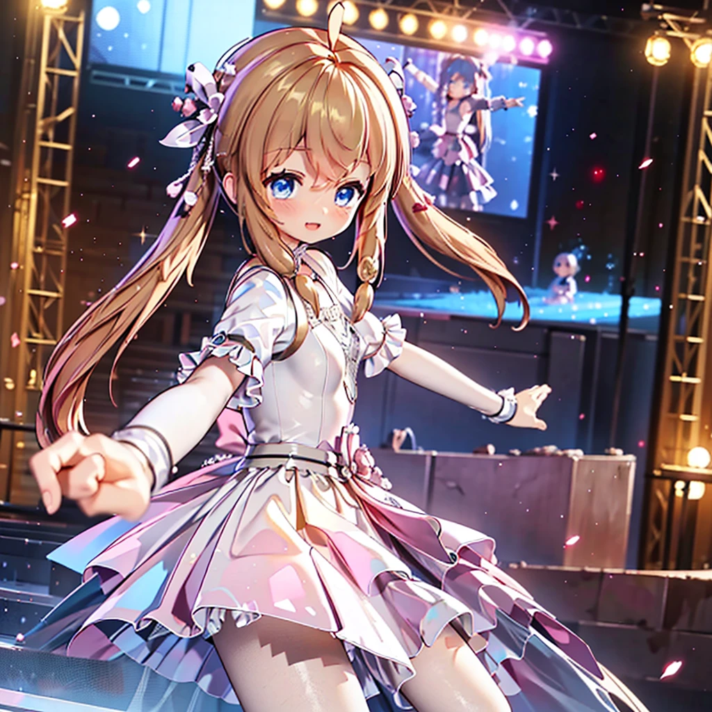 masterpiece, best quality, CG wallpaper, 8k, solo girl, (cute, petite, Blue eyes, brown twin tail, yellow dress), open mouth smile, look aways, dance at the stage, neon and led lights, profile, side view
