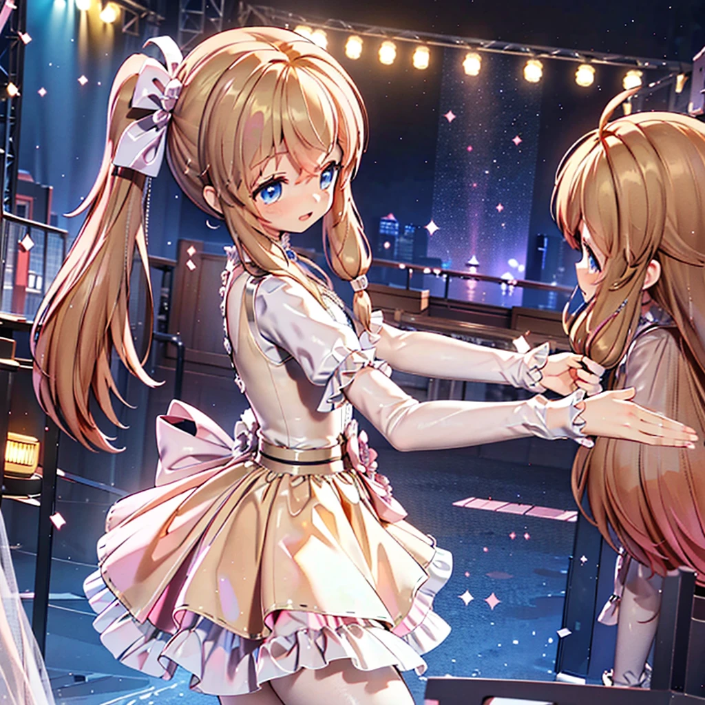 masterpiece, best quality, CG wallpaper, 8k, solo girl, (cute, petite, Blue eyes, brown twin tail, yellow dress), open mouth smile, look aways, dance at the stage, neon and led lights, profile, side view