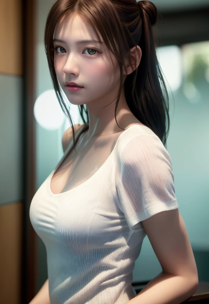 8K, of the highest quality, masutepiece:1.2), (Realistic, Photorealsitic:1.37), of the highest quality, masutepiece, Beautiful young woman, Pensive expression, Sweet look, Sexy white shirt、Hair tied back, Messy mood, Cinematic background, Tired, Light skin tone