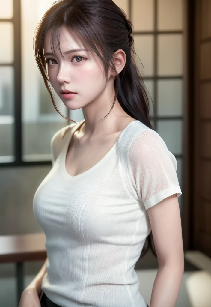 8K, of the highest quality, masutepiece:1.2), (Realistic, Photorealsitic:1.37), of the highest quality, masutepiece, Beautiful young woman, Pensive expression, Sweet look, Sexy white shirt、Hair tied back, Messy mood, Cinematic background, Tired, Light skin tone