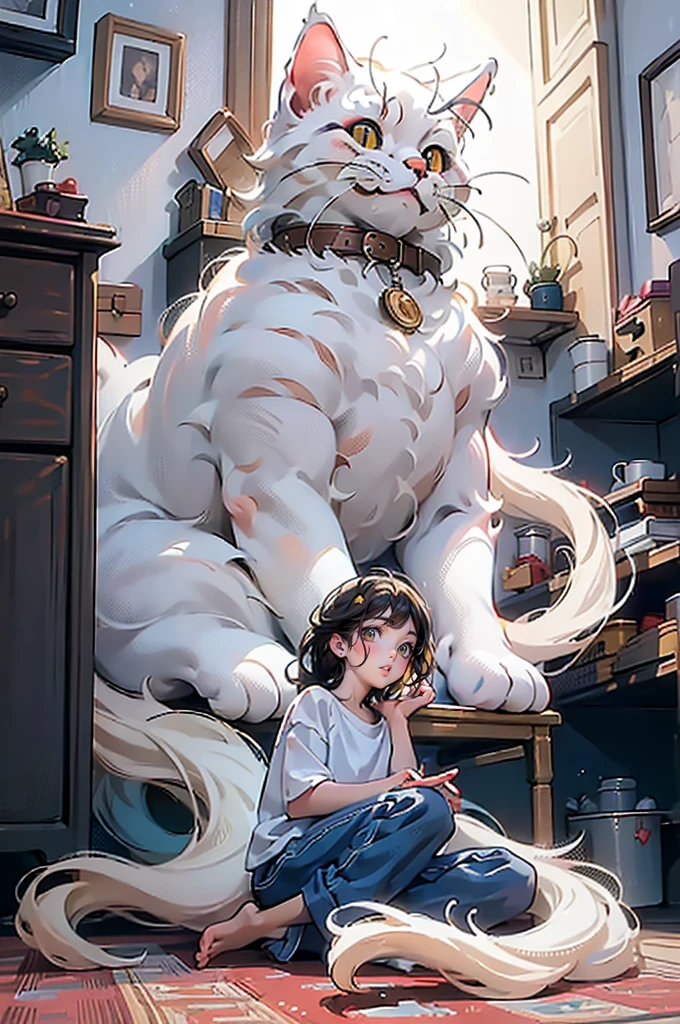 (((best quality))),(((ultra detailed))),(((masterpiece))),illustration,fear, uncertainty,a gigantic white cat, small city, destruction, chaos, darkness, powerful, imposing, menacing, post-apocalyptic, desolate, rubble, sunset, despair
