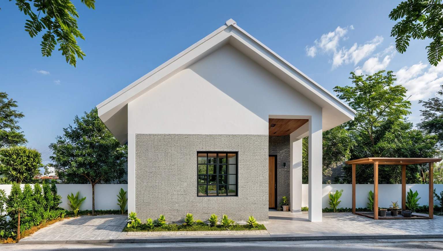 Masterpiece, high quality, best quality, authentic, super detail, outdoors, onestoreyvillaXL, aiaigroup, house style modern on the street ,white painted ceiling
,  Xingfa aluminum door,white wall ,brown tile,road,pavement, grass, trees, sky, cloud, (daylight:1.1)
