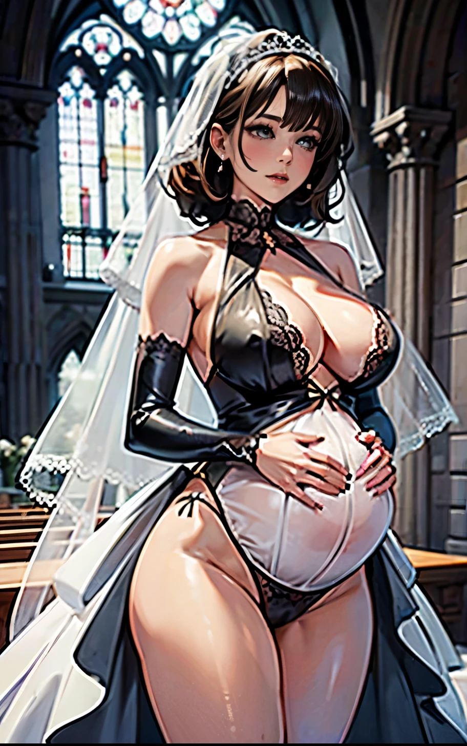 In the church park，Girl in sexy lace neckline micro wedding dress ，Legs apart，Display of genitals，Show your thighs，Showing breasts，Showing belly，Huge bust，Pregnant women，