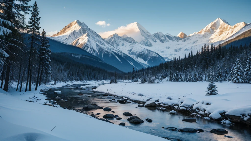 A river with coniferous forest behind and snow-capped mountains in the distance. Cloudy. 5 p.m.