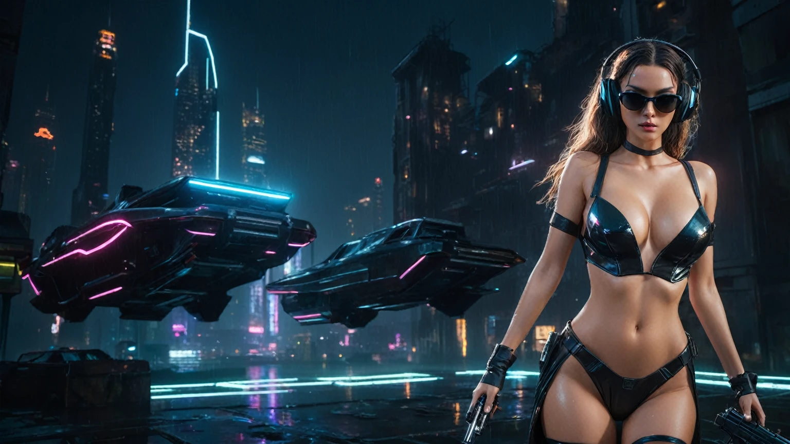 (aerial view, a flying cars docking platform, a very dark abandoned futuristic city, neon lights), rainy night. 1girl, solo, alone, large-breast:1.2 slim body, cleavage:1.1, sexy wind blowing wet dress:1.4, (headphone, black sunglasses), (((((she raised:1.8 a pistol:1.8 and took aim))))), dynamic pose, (((half-body thigh level medium shot))), cinematic lighting, lens flare, ray tracing.
