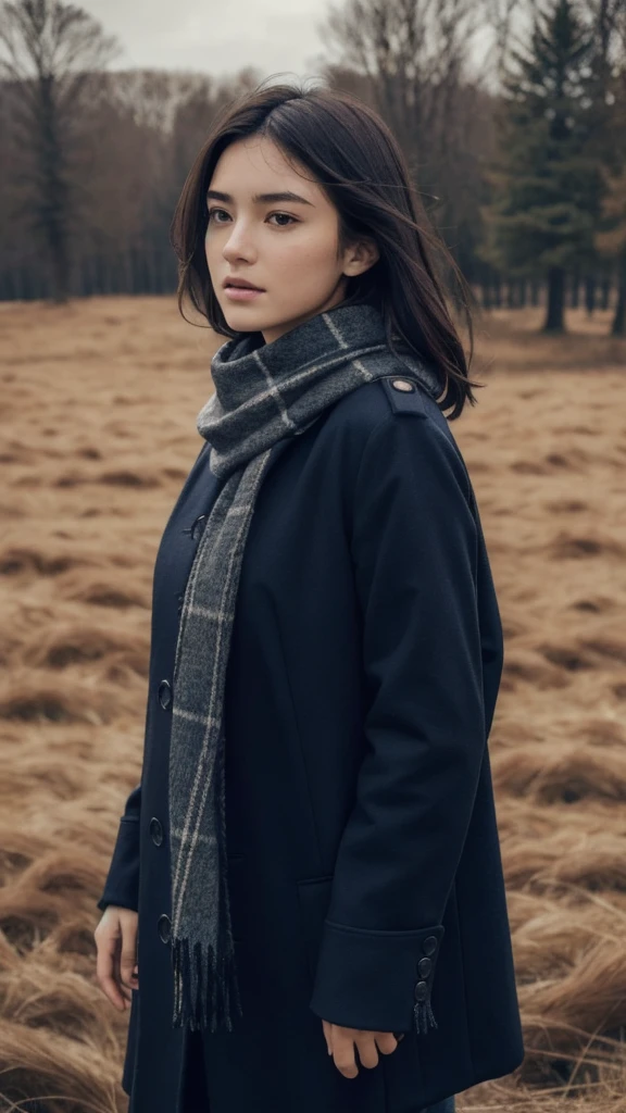 8k, best quality, masterpiece, realistic, ultra detail, photo realistic, Increase quality,
a photo of a girl standing in a field with a scarf, in the style of dark and brooding designer, voluminous mass, photobash, serene faces, jagged edges, navy, natural beauty, close-up shot