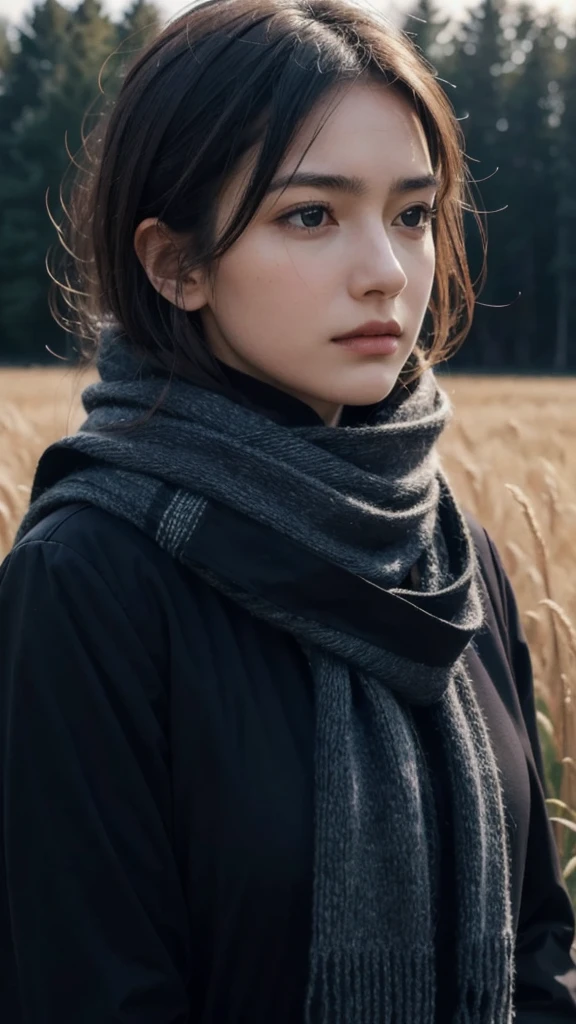 8k, best quality, masterpiece, realistic, ultra detail, photo realistic, Increase quality, 
a photo of a girl standing in a field with a scarf, in the style of dark and brooding designer, voluminous mass, photobash, serene faces, jagged edges, navy, natural beauty, close-up shot
