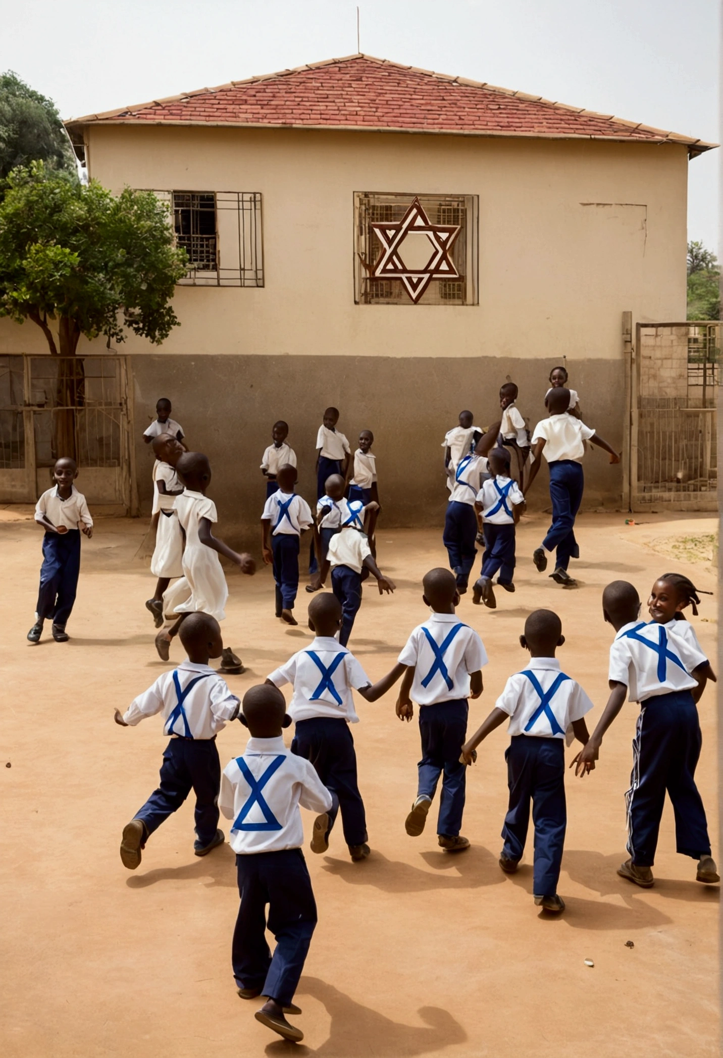 Jewish day school Africa with Star of David and children playing in school yard