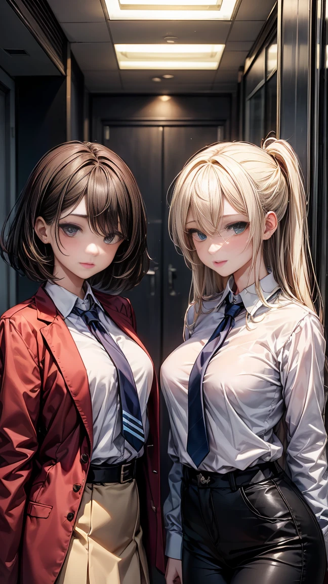 1girl only, smile, ((long blonde hair,Between dates.)),((open shirt, white collar shirt)), ((cleavage is visible.)), medium breasts, black and red plaid skirt, sarcastic, shy , blushing,((light skin)),((short sleeves))