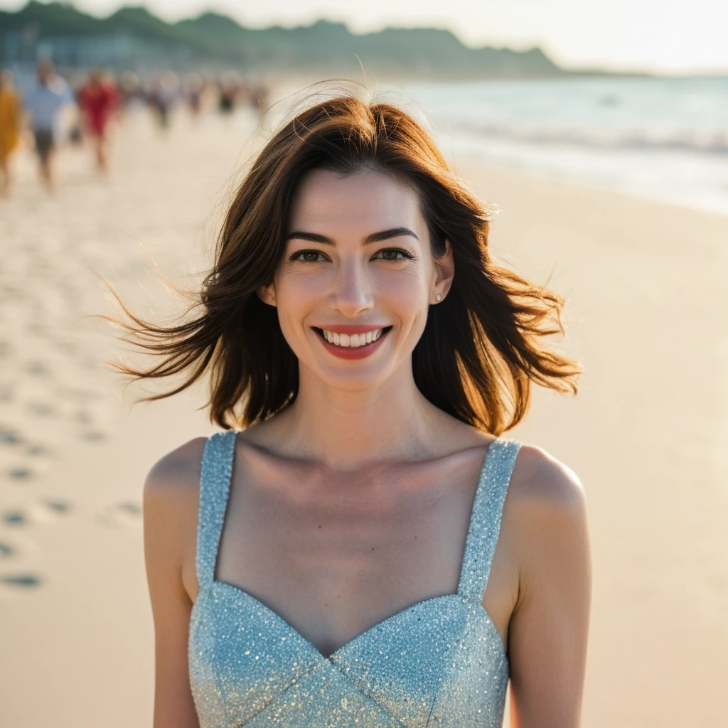 Realistic photo of a beautiful face Japanese cute woman,still from the film, (Anne Hathaway look alike face: 0.9), happy smile, in a short dress inspired by Wes Anderson, on the beach, 3D, hyperrealistic photography, Leica SL3, Summicron-SL 75 f/2 ASPH, Kodak Gold 200 film, silhouette, shallowed depth of field, dynamic hands up,