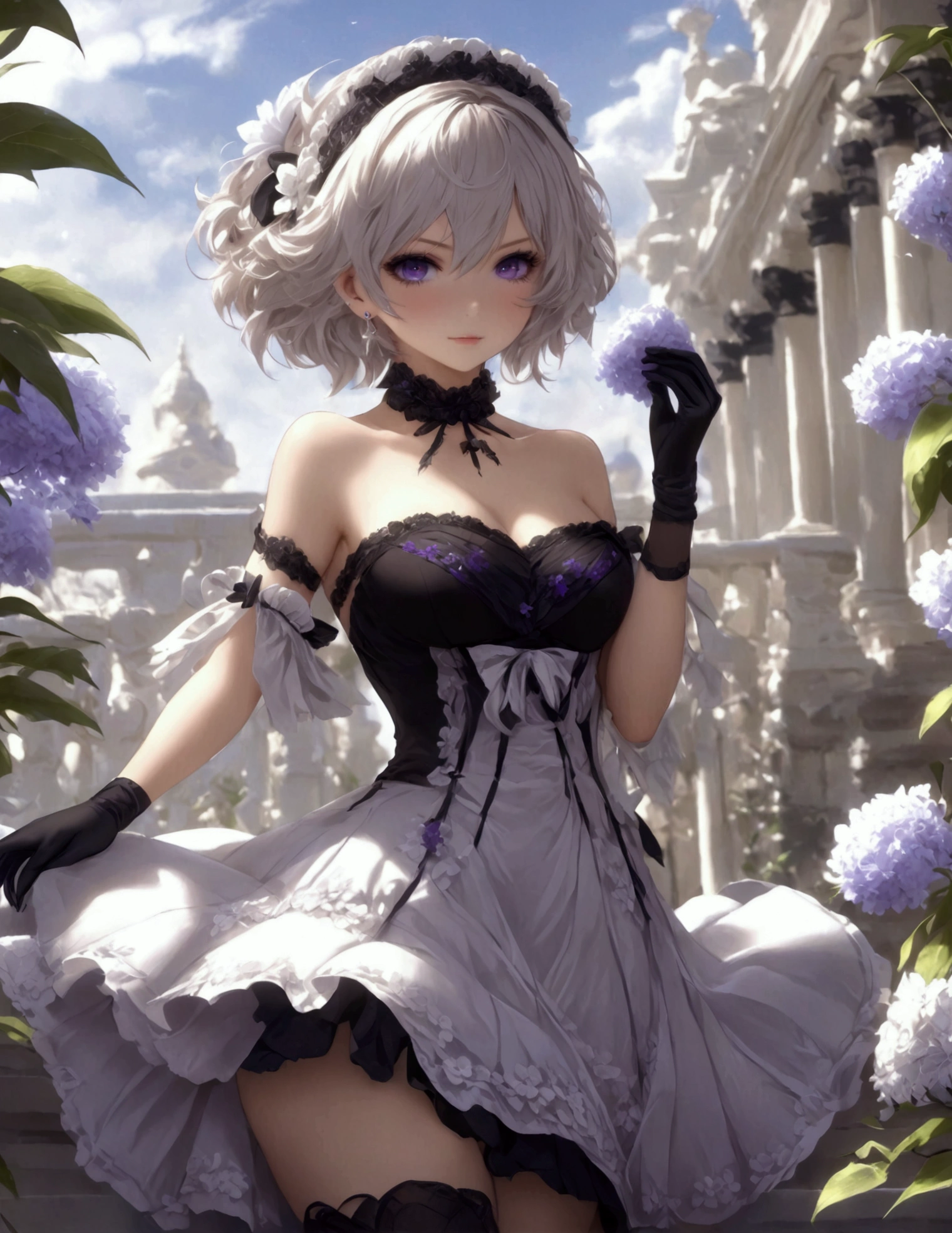 masterpiece, best quality, extremely detailed 8K wallpaper, 1girl, outdoors, Helena(Azur lane),strapless dress, dress, layered dress,white flower, hair ornament, purple eyes, (choker), outline, (black gloves), bare legs,