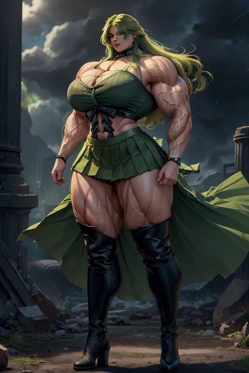 (((Massive tall, beautiful, buff, light brown skinned muscular woman with green hair, black lipstick, ginormous bulky muscles, winds blowing and wearing a green pleated shirt with beautiful long pleated skirt))), ((close view)), massive muscles, long curvy hair, orange eyes, choker, ((green pleated shirt and tie)), neck tie, ((beautiful long pleated skirt)), belt, thigh high socks, black boots, (Dark and moody universe:1.3), (in front of a disaster), closed smile, night, massive arms