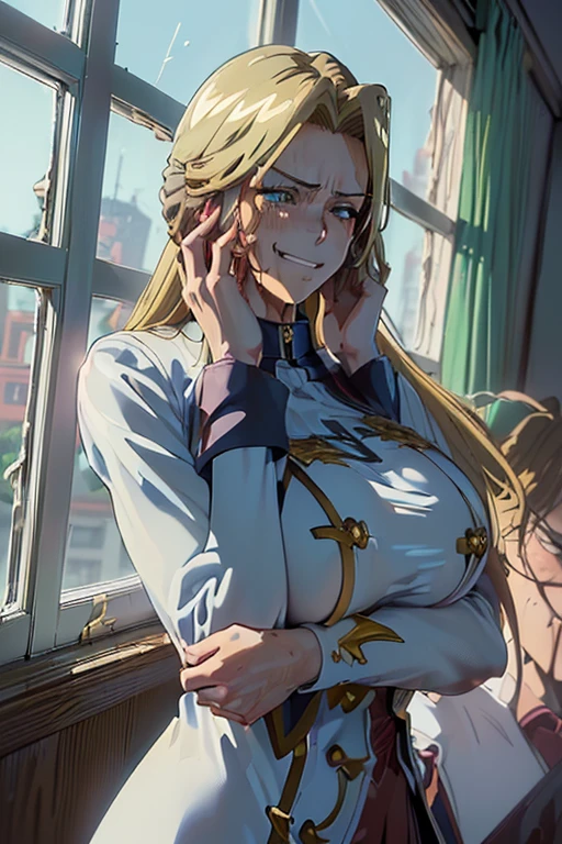 8k(blazer:1.5)8k((high school girl:1.7)) 
(woman,Huge breasts,(Huge breasts:1.5),とても唇が赤いHuge breastsを強調,Big Ass,Narrow waist,Long legs,Green Eyes Standing) 
8k(((((Anime Style,Henyohe 8k((Anime Style,A sloppy smile,Sad face,Face mischievous face,The facial expression is accurate))))))) 
8k((Staring at me)) 
8k((profile:1.7)) 
8k((He is sticking his upper body out of the window and holding his right hand over his face.:1.7)) 
8k((classroom)) 
(Focus on the face) 
8k((sunny)) 
8k((Beauty)) 
8k((The depiction of blonde hair is solid.))