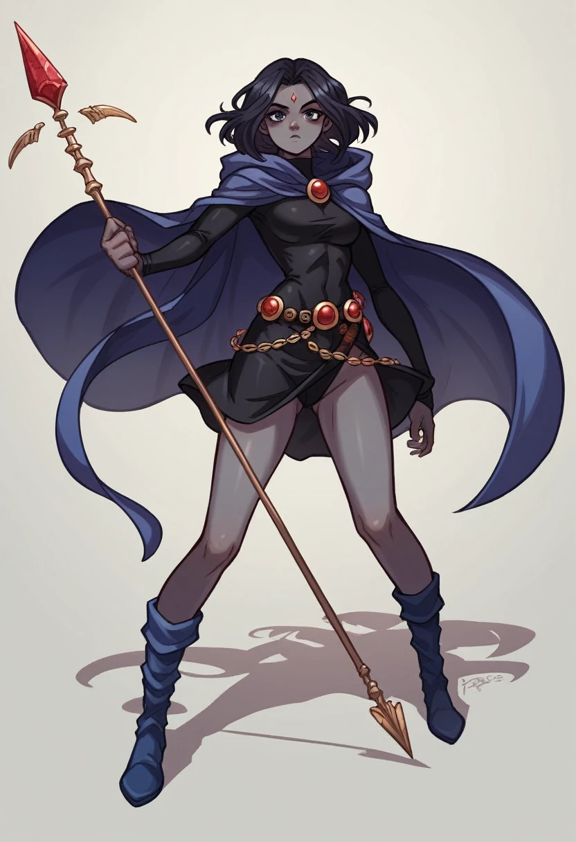 1 adult girl, Raven, black skin black leotard, black cloack, hooded cloak, sexy Greek knee-length skirt, booties, long flowing hair, wavy black hair, forehead jeauel, purples eyes, medieval belt, firm skin, standing, toned, breastsout, battle pose, delicate pose, perspective view(posando)), Lines of movement, portraite, b&au. Contour, whole body, holding a spear
