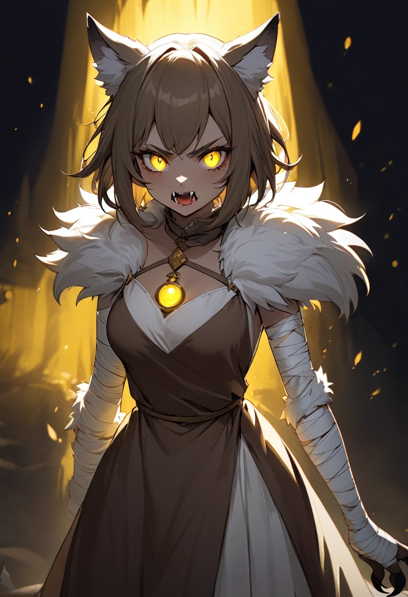 Anthro, beautiful, solo-girl, feminine, wolf-woman, (standing in complete darkness:1.5), serious, scary, white fur, short hair, white wolf ears, long snout, fangs, bandaged arms, claws, big eyes, glowing yellow wolf eyes, plain medieval brown dress, breast fur, medium breasts