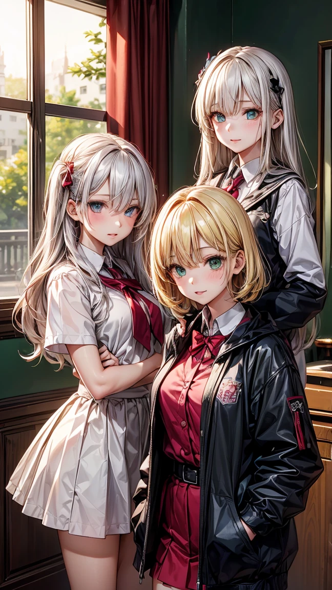 ((3 girls.)) 1 with yellow hair and green eyes, tanned body. 2 white hair and blue eyes, white body. 3 Red Hair And Red Eyes, with dark body. The 3 girls are standing. in clothes. High School College Fund.
Neg: wrong eye colors, disproportionate eyes, deformed faces, wrong hair colors, facial distortions, cross eyed, misaligned eyes, pixelated hair, incorrect facial proportions, ill-fitting clothes, poor lighting, low quality