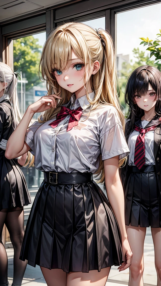 ((3 girls.)) 1 with yellow hair and green eyes, tanned body. 2 white hair and blue eyes, white body. 3 Red Hair And Red Eyes, with dark body. The 3 girls are standing. in clothes. High School College Fund.
Neg: wrong eye colors, disproportionate eyes, deformed faces, wrong hair colors, facial distortions, cross eyed, misaligned eyes, pixelated hair, incorrect facial proportions, ill-fitting clothes, poor lighting, low quality