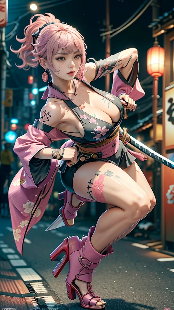Beautiful Chinese woman, (16 years old), cute face, red lips, white moisturized skin, moles, ((eye bags)),
BREAK,
Feminine body with high athletic ability, Body of a female fitness model, Feminine body with hard tones, (Muscles: 1.2), (Beautiful belly button),
BREAK,
Fighter, Kung Fu fighter, Idol,
BREAK,
(Wearing a cute kimono: 1.3), (Kimono with a high degree of exposure), (Stiletto heels, long boots 1.3), necklace, very large earrings, short length,
BREAK,
Short hair, (Short bob hair), (Bangs: 1.2), (Pink hair: 1.3), (Wavy hair),
BREAK,
(Very large Japanese sword: 1.4), (Holding the handle of a Japanese sword: 1.3), (Raising a very large Japanese sword: 1.2), (Getting into a fighting stance), (Japanese sword with a beautiful blade: 1.2)
BREAK,
(Japanese tattoo: 1.4),
BREAK,
Masterpiece, Perfect lighting, Ultra high resolution, 8K, (Very detailed: 1.4), (From the front), Looking at the camera, Melancholic expression,
BREAK,
(Tokyo city, lots of people in the background: 1.2), Background of the Shibuya district of Tokyo, Japan,