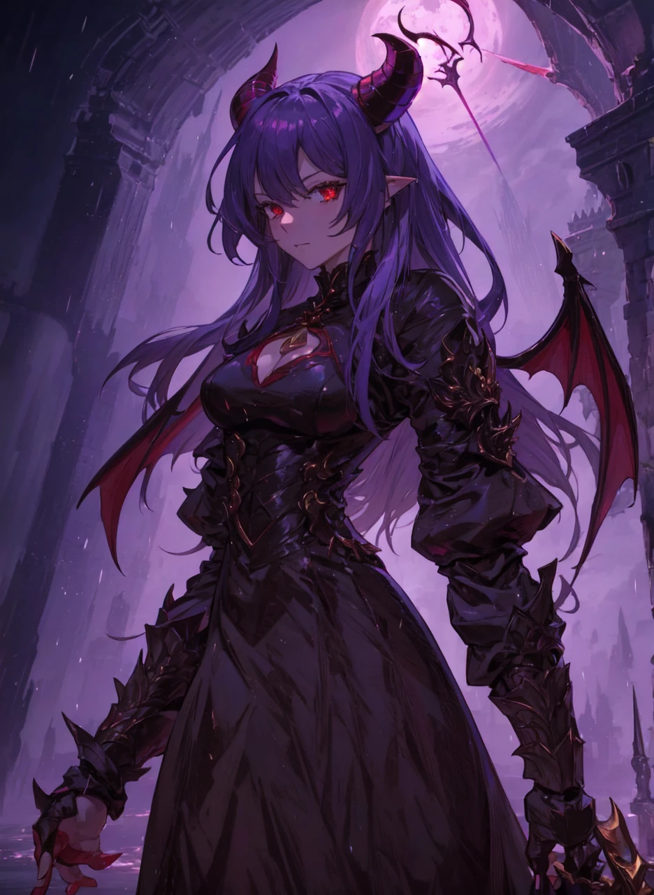 demon queen. dragon horns. ice element. Short red dress with gold. Floating islands background with castle ruins. rainy time. Magic power in the right arm. Left arm battle ax.