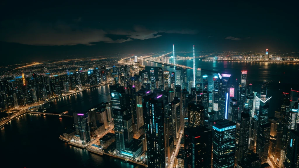 Aerial shot of cyberpunk city at night