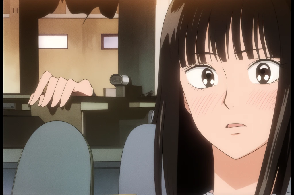 ((Best Quality)),((Very detailed)),masterpiece,absurdities,detailed face,beautiful face,((detailed eyes, deep eyes)),(1 girl),((dynamic pose)), sawako, 1 girl, black fur, alone, by the wide, hits, black eyes, blunt hits, medium large breasts, blush, looking at the viewer, open mouth, white short sleeve t-shirt, hime cut, Upper part of the body, inside, chair, classroom, desk, Chapped lips, alone, style artístico retro, 90s of the 20th century. (style), 80s of the 20th century. (style)