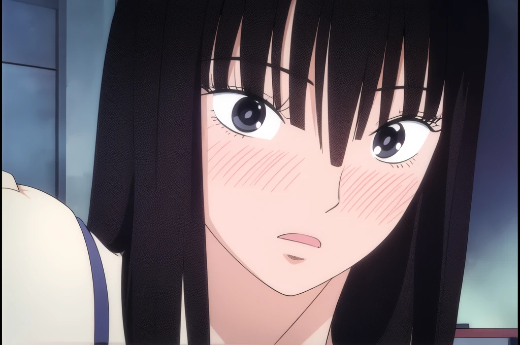 ((Best Quality)),((Very detailed)),masterpiece,absurdities,detailed face,beautiful face,((detailed eyes, deep eyes)),(1 girl),((dynamic pose)), sawako, 1 girl, black fur, alone, by the wide, hits, black eyes, blunt hits, medium large breasts, blush, looking at the viewer, open mouth, white short sleeve t-shirt, hime cut, Upper part of the body, inside, chair, classroom, desk, Chapped lips, alone, style artístico retro, 90s of the 20th century. (style), 80s of the 20th century. (style)