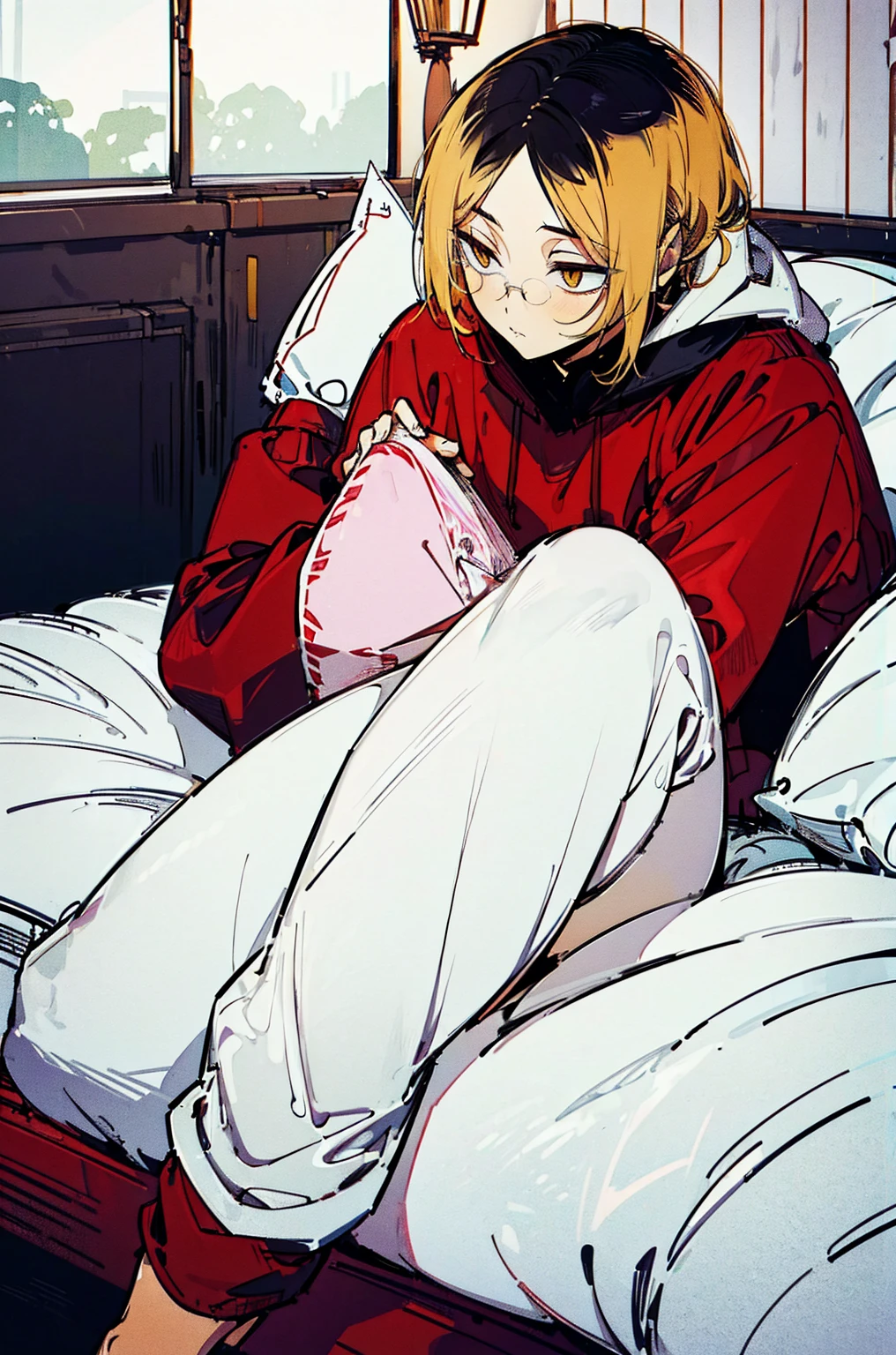 
(hutaodef:1.2),in with h ,white 背，
Kenma Kozume，Lazy，Dark circles，Comfort，laid back，Seated long sleeve sweatshirt，Wide leg pants，one person，Lying in bed，Lying position