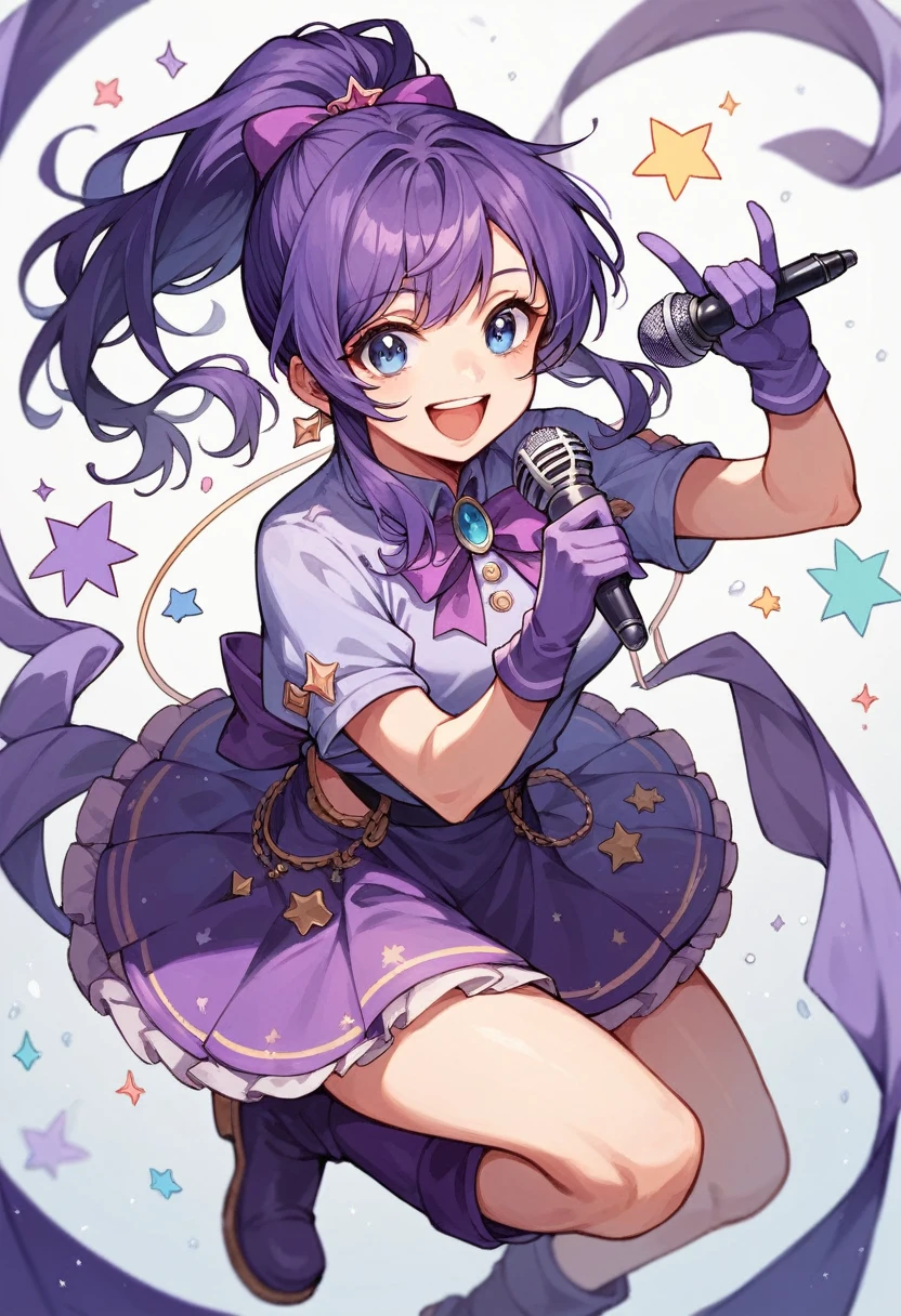 cute and beautiful idol girl with purple ponytail hair, light blue eyes, white and purple shirt, white and purple skirt, purple gloves and purple boots with a microphone on her hand, happy