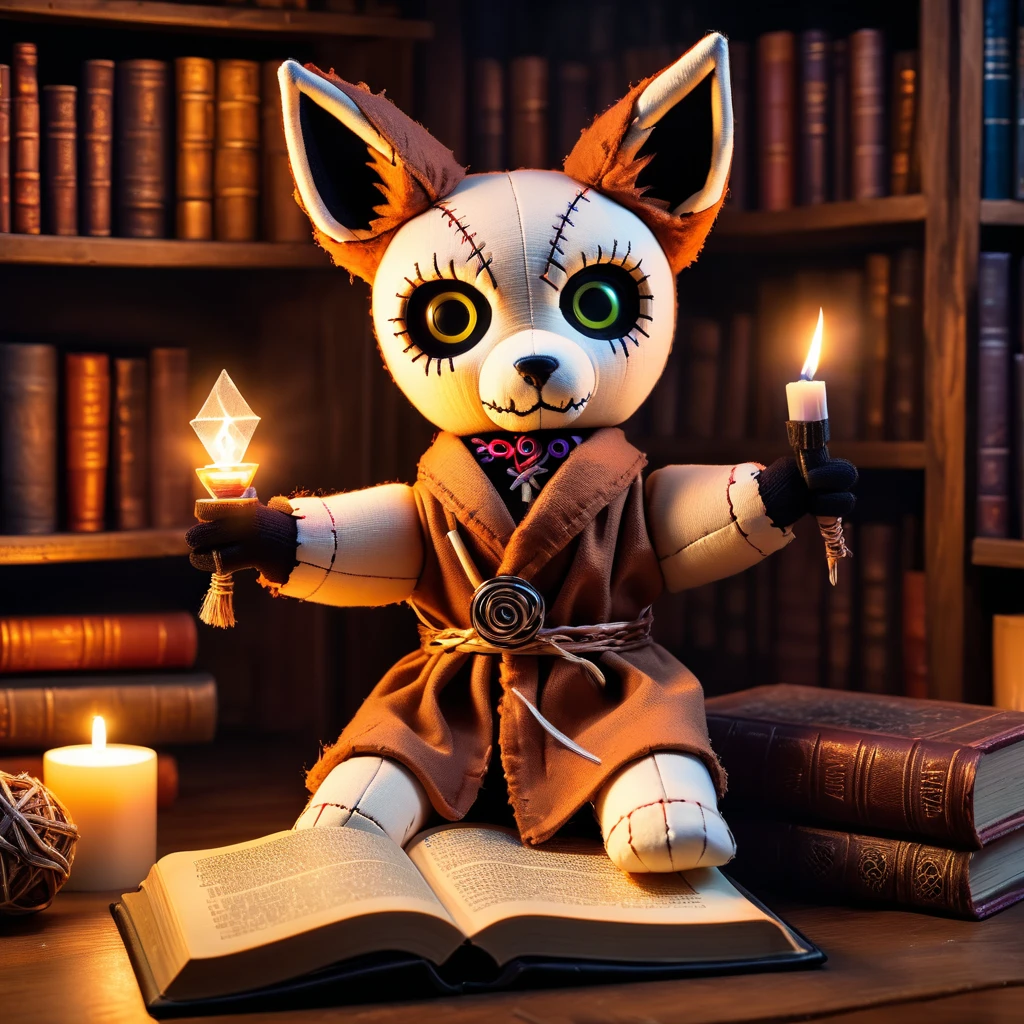 (knitted toy voodoo doll:1.7), (Voodoo Fox Reading a Unholy Book:1.3), (Clothing: tattered robe with cryptic symbols:1.0), (Accessories: enchanted dark tome, glowing cursed glasses:1.2), (background: eerie library with floating, glowing spectral lights and shadows:1.2), best quality, masterpiece, detailed soft oil painting, detailed background, dramatic cinematic lighting, soft edge lighting, professional, dramatic lighting, hard edge lighting, ultra quality, 4k,masterpiece, best quality, 8k, ultra highres, highres, extremely detailed