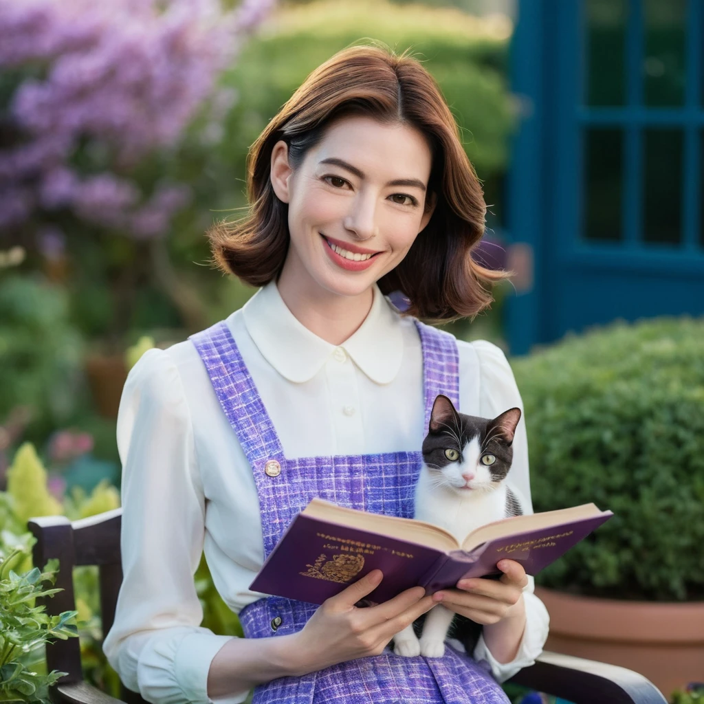 Closeup of a cute of a beautiful face Japanese woman, still from the film, (Anne Hathaway look alike face: 0.9), happy smile, with a cat, reading a book, wearing a preppy outfit, 3D render, doll-like, in a garden, purple and blue pastel colors, Leica SL3, Summicron-SL 75 f/2 ASPH, Kodak Gold 200 film, silhouette, shallowed depth of field, dynamic hands up,