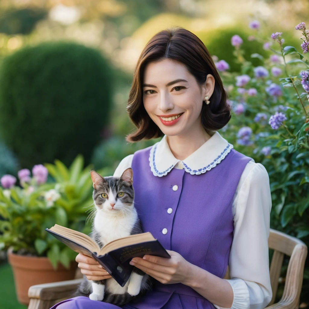 Closeup of a cute of a beautiful face Japanese woman, still from the film, (Anne Hathaway look alike face: 0.9), happy smile, with a cat, reading a book, wearing a preppy outfit, 3D render, doll-like, in a garden, purple and blue pastel colors, Leica SL3, Summicron-SL 75 f/2 ASPH, Kodak Gold 200 film, silhouette, shallowed depth of field, dynamic hands up,