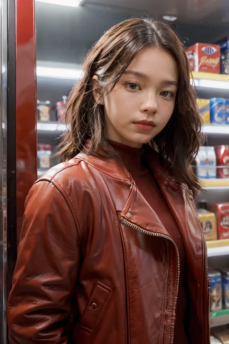 a handsome girl in a red leather jacket, in a convenience store, ready for action, upper body, close up, (looking at camera), (candid, amateur), (raw, 8k, uhd, fujifilm xt3),  