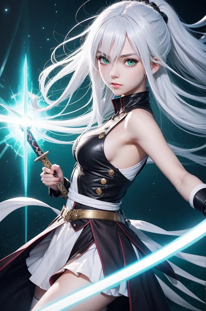 Create an RPG style anime girl, she has white hair, green eyes and is holding a magic sword. 