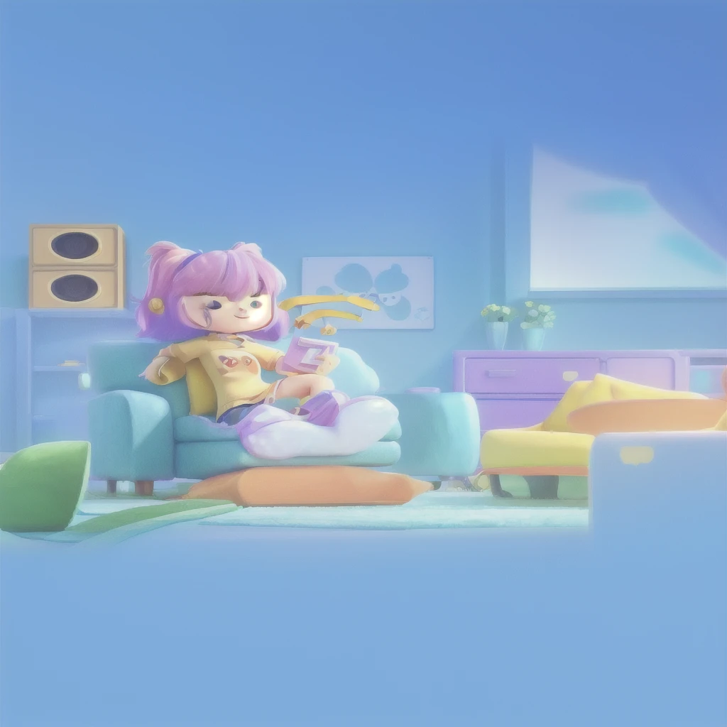 A cartoon character is sitting on the sofa in the room, 2D Illustration, 2D Illustration, Lo-Fi Girl, Cute 3d rendering, Animation style rendering, Kawaii HD Rendering, 8K cartoon illustration, 3d illustration, 3d illustration, 2D mask illustration, Lofi art style, Animation illustration style, 2. 5D Illustration