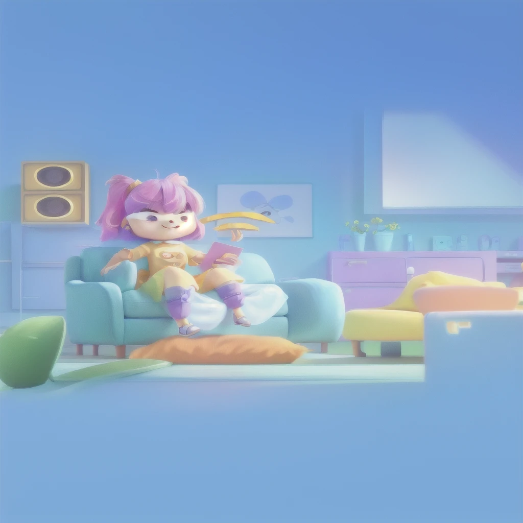 A cartoon character is sitting on the sofa in the room, 2D Illustration, 2D Illustration, Lo-Fi Girl, Cute 3d rendering, Animation style rendering, Kawaii HD Rendering, 8K cartoon illustration, 3d illustration, 3d illustration, 2D mask illustration, Lofi art style, Animation illustration style, 2. 5D Illustration