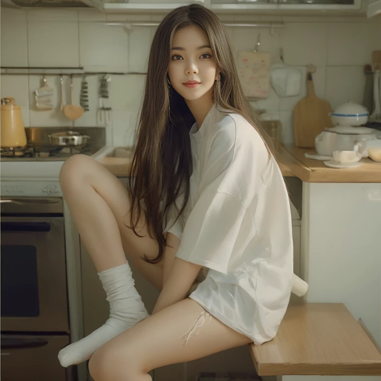 A smiling woman sitting at a kitchen counter with a stove, Korean Girl, Ulzan, in White clothes, Korean female fashion models, White clothes, asian girl Long hair, Long hair, Gu Weiss, [ Practical photography ], Practical. cheng yi, Smooth white tights set, Photos of slim girl models, White long straight hair
