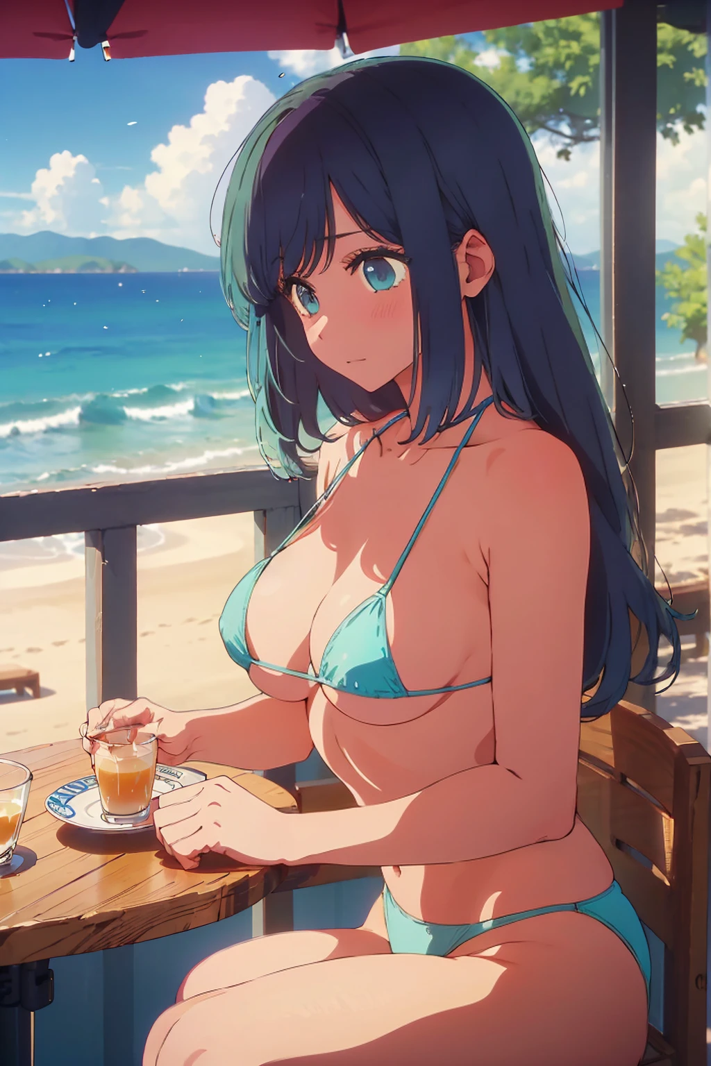 (Highest quality:1.4、masterpiece:1.4、Super detailed:1.4、8k:1.4)、((((1 person、Surprised expression、sit、Cafe Terrace、coastal、juice、table、Sandy Beach、juiceのグラスを持つ、Micro Bikini、Very soft 、Big eyes、Very cute face))))、(big Areolas protrude from micro bikini:1.4)、F cup bust、Medium breast、Underboob