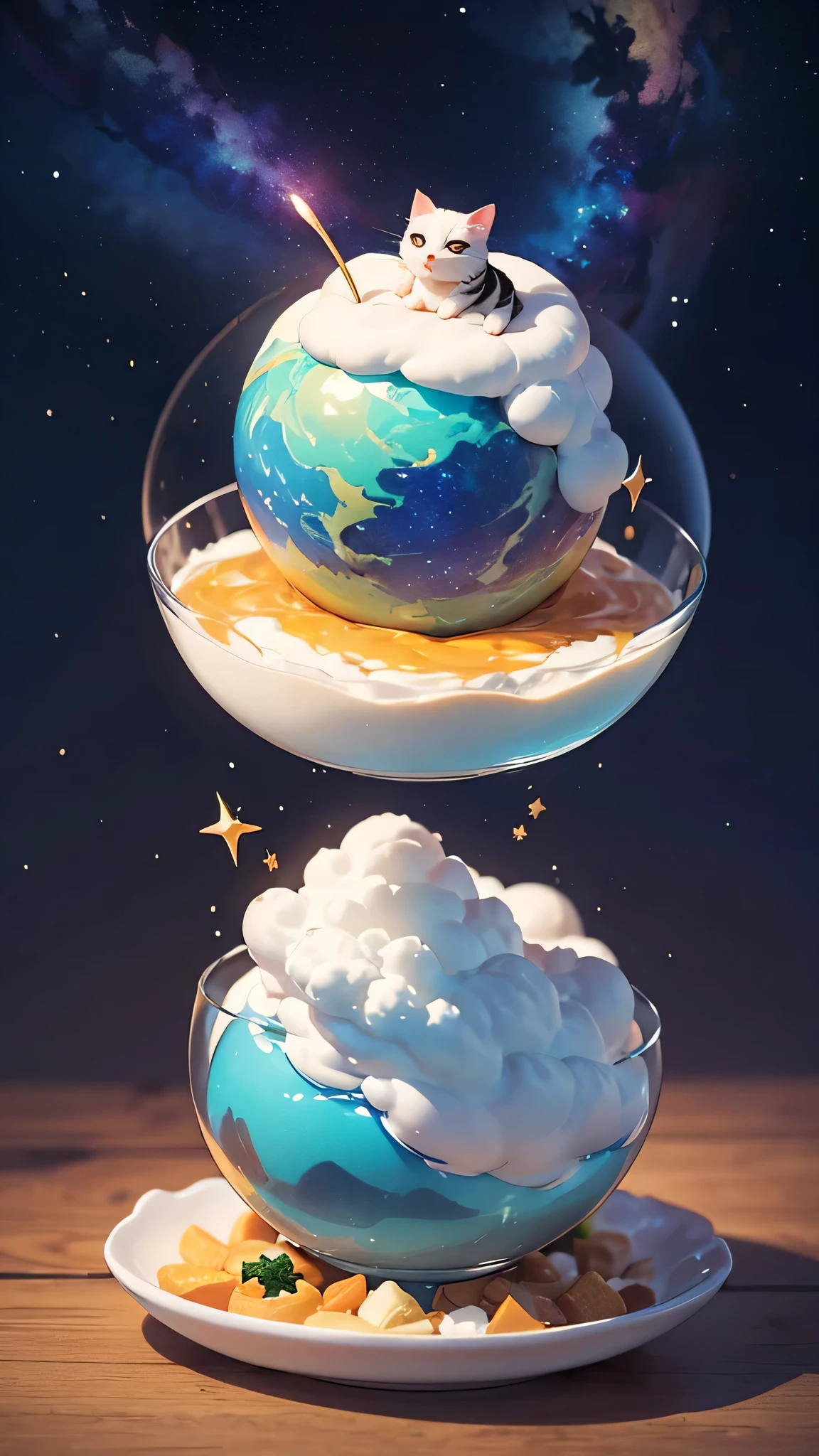 A scene in which a little dreams about an adventure riding a giant cat。Floating Island々and colorful stars々spreads in the background。