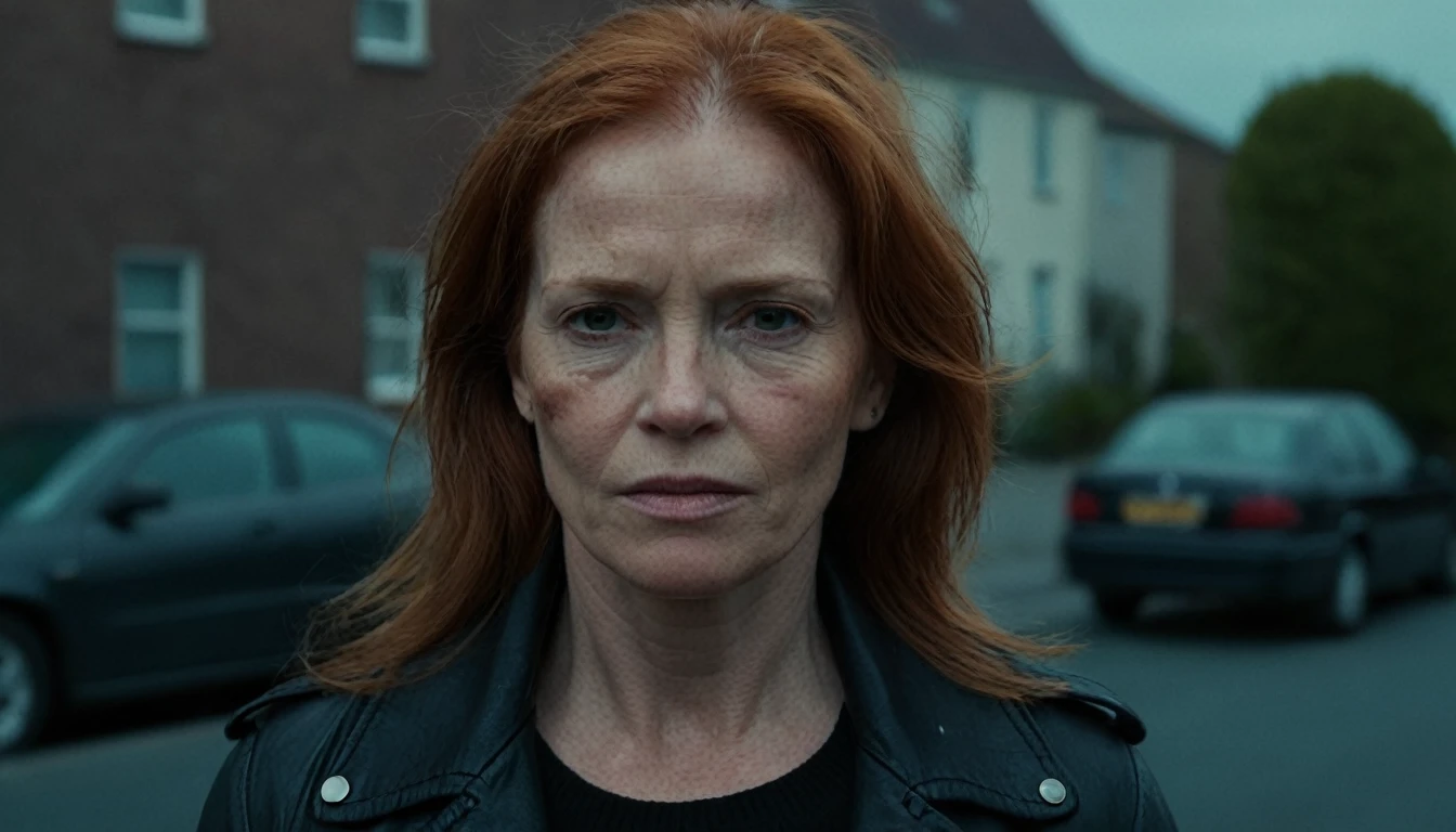 close up photograph shot of a natural redhead country woman 58 year old she is a damaged terminator with half the face damaged, wearing a black sweater with a leather jacket on top, in a stree, cinematic, high quality, HD, sharp focus, detailed skin, full body view