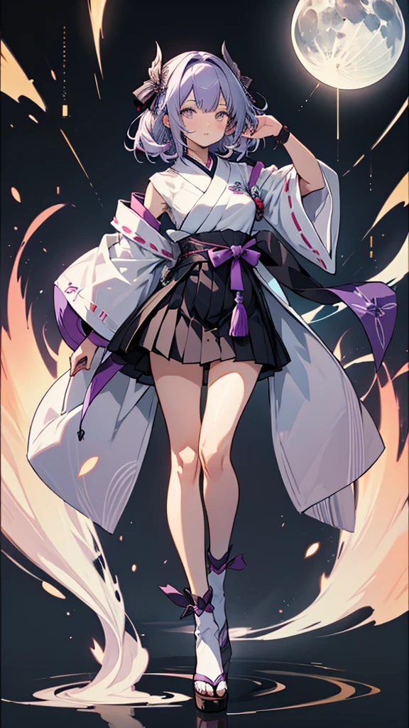 skinny girl, ultra high definition, very detailed, shuriken, shot, bundled hair, whole body, traditional Japanese outfit, short skirt, 23 years old, background with moon visible, Cheng'an, two colored hair (black, light purple)