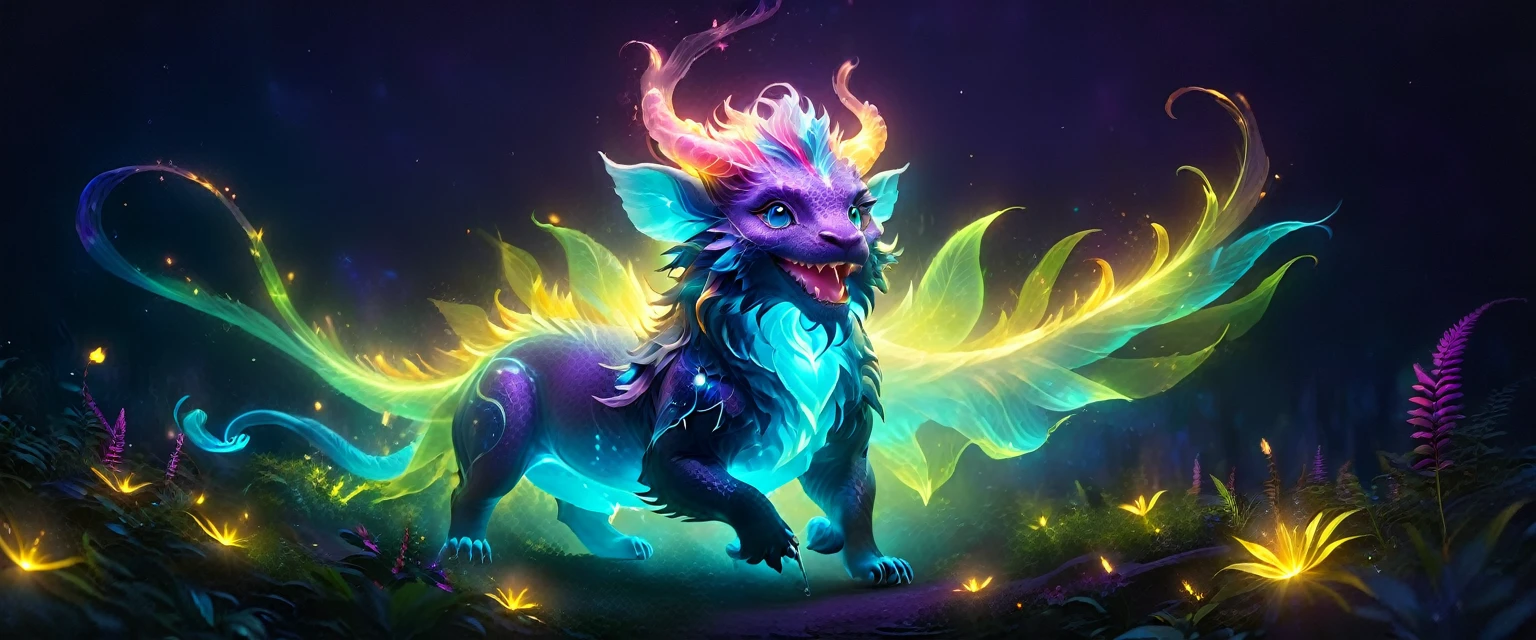 ((a giant glowing magical creature)),(Glowing Chimera),they will laugh,out of this world,ethereal,uv,translucent,magic animals,Nature,mystery,beauty,The environment is dark,magic,creature design,high resolution,8k,Super detailed,light、Physical rendering、Vibrant color background bokeh、Various shades、soft light lighting、pulsating light
