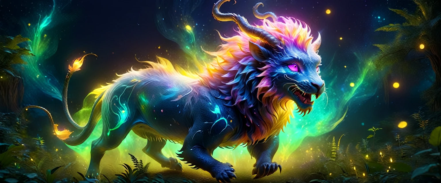 ((a giant glowing magical creature)),(Glowing Chimera),they will laugh,out of this world,ethereal,uv,translucent,magic animals,Nature,mystery,beauty,The environment is dark,magic,creature design,high resolution,8k,Super detailed,light、Physical rendering、Vibrant color background bokeh、Various shades、soft light lighting、pulsating light