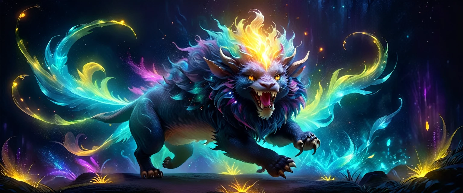 ((a giant glowing magical creature))，(Glowing Chimera)，they will laugh，out of this world，ethereal，uv，translucent，magic animals，Nature，mystery，beauty，The environment is dark，magic，creature design，high resolution，8k，Super detailed，light、Physical rendering、Vibrant color background bokeh、Various shades、soft light lighting、pulsating light