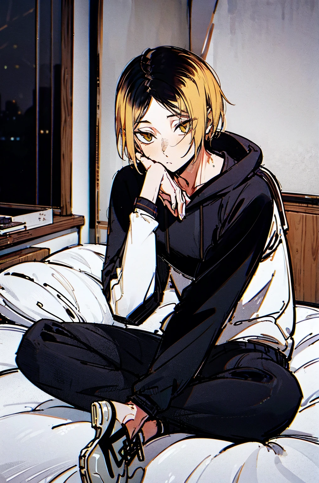 
(hutaodef:1.2),in with h ,white 背，
Kenma Kozume，Lazy，Dark circles，Comfort，laid back，Seated long sleeve sweatshirt，Wide leg pants，one person，Lying in bed，Lying position