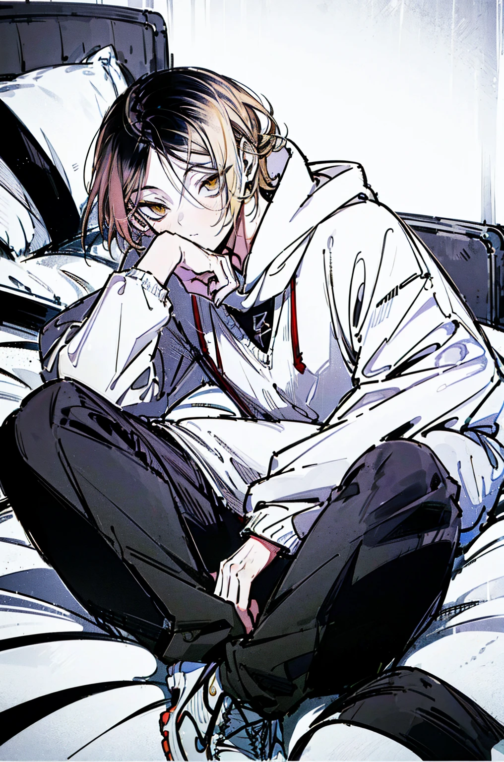 
(hutaodef:1.2),in with h ,white 背，
Kenma Kozume，Lazy，Dark circles，Comfort，laid back，Seated long sleeve sweatshirt，Wide leg pants，one person，Lying in bed，Lying position