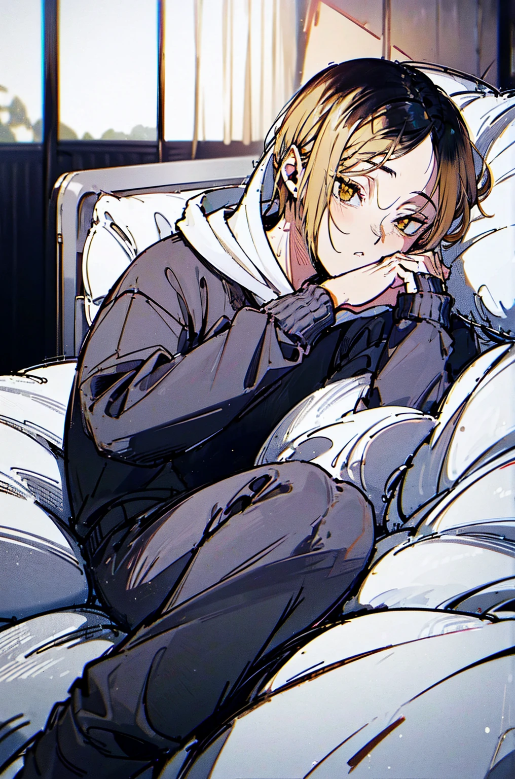 
(hutaodef:1.2),in with h ,white 背，
Kenma Kozume，Lazy，Dark circles，Comfort，laid back，Seated long sleeve sweatshirt，Wide leg pants，one person，Lying in bed，Lying position